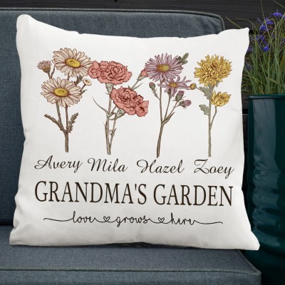 Custom Grandma's Garden Family Birth Flower Pillow Engraved with Names Gifts for Mum Grandma Mother's Day Gift 