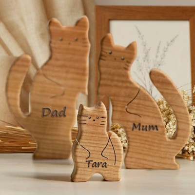 Personalised Wooden Cats Family Puzzle with Names Animal Figurines Family Keepsake Gifts For Mum Wife Her Pet Lover