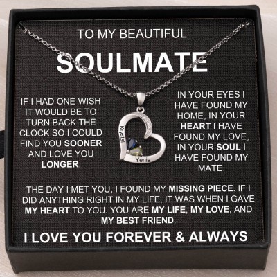 Personalised To My Soulmate Couple Heart Shaped Necklace with 2 Names and Birthstones Gifts for Soulmate Anniversary Gifts Christmas Gifts