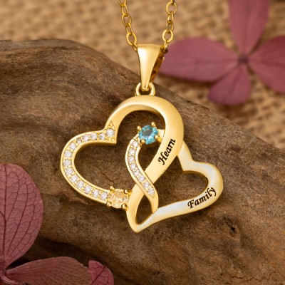Personalised Double Heart Necklace With 2 Names & Birthstones Gifts for Anniversary Valentine's Day