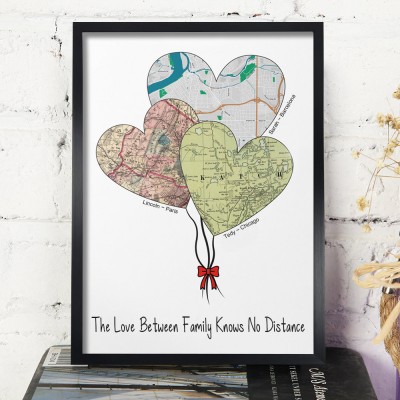 Personalised Long Distance Family Map Art Heart Balloons Map Frame Family Keepsake Anniversary Gifts For Mum Her