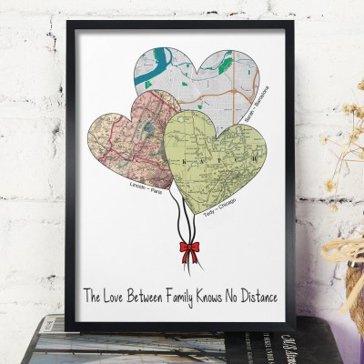 Personalised Long Distance Family Map Art Heart Balloons Map Frame Family Keepsake Gifts for Mum Christmas Gifts Anniversary Gifts