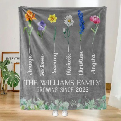 Birth Month Flower Sherpa or Fleece Blanket with Family Name Personalised Gift for Mum Grandma