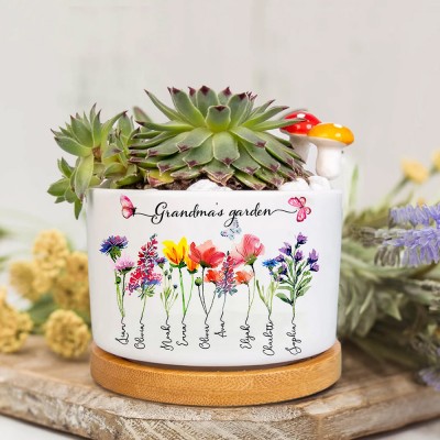 Personalised Grandma's Garden Birth Month Flower Plant Pot with Children's Name Gift For Mum Grandma