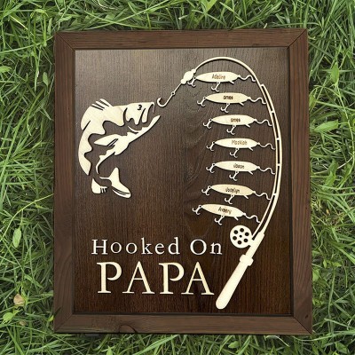 Handmade Personalised Fishing Trip Gift Hooked on Grandpa Papa Dad Father's Day Birthday Sign For Him