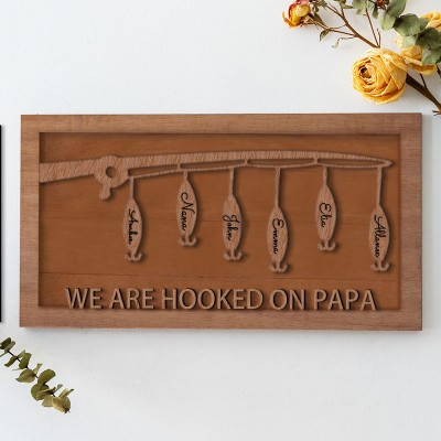 Handmade Personalised Fishing Trip Gift Hooked on Grandpa Papa Dad Father's Day Birthday Sign For Him