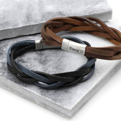 Personalised Men Leather Wrap Engraved Bracelet