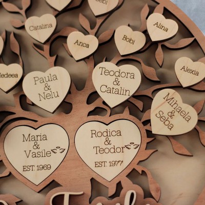 Personalised Our Family Wooden Family Tree Sign with Names Engraved in Hearts Gift For Mum Grandma