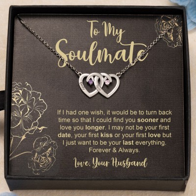 Personalised To My Soulmate Double Heart Birthstone Necklace with Names Gifts for Her Anniversary Gifts Valentine's Day Gifts
