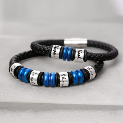 Custom Bead Braid Black Leather Bracelet With 1-10 Beads