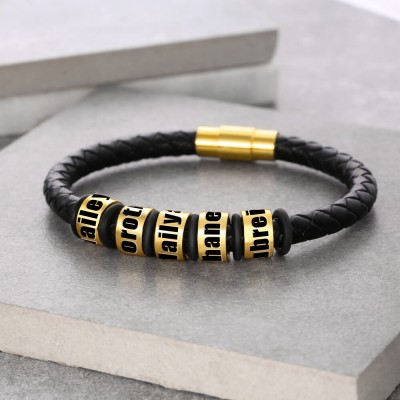 Personalised Black Leather Bracelet With 1-10 Beads