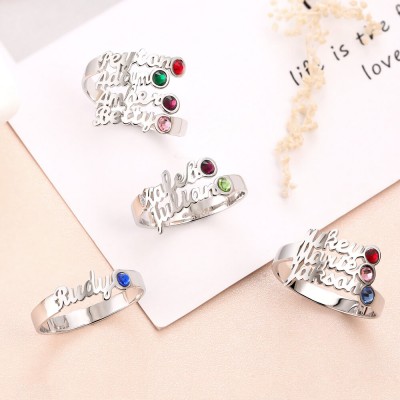 S925 Sterling Silver Personalised Birthstone Ring with 1-4 Name Gift for Her