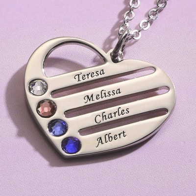 Personalised Heart Necklace with 1-4 Birthstones and Engravings