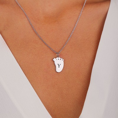 Personalised Initial Engraved Baby Feet Shape Pendant Necklace