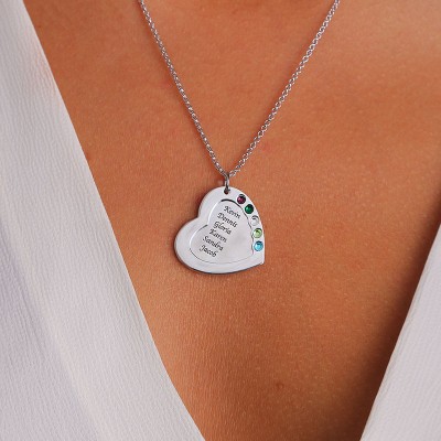 Engravable Heart Family Names Necklace With 1-6 Birthstones