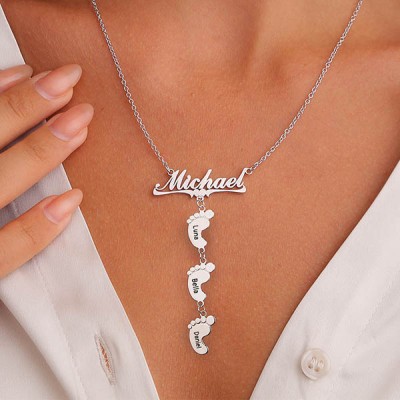 Personalised Mom's Name Necklace With 1-10 Baby Feet Pendants Gift for Mom