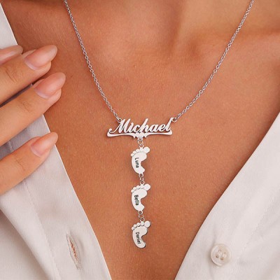 Personalised Mum's Name Necklace With 1-10 Baby Feet Pendants Gift for Mum