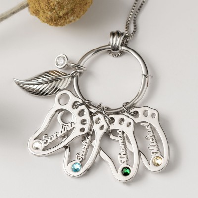 Personalised Circle 1-8 Hollow Baby Feet Shape Pendants with Birthstones Perfect Mother's Day Gift