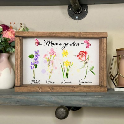 Grandma's Garden Personalised Birth Flower Wood Frame with Grandkids Names Unique Gifts for Grandma Mum