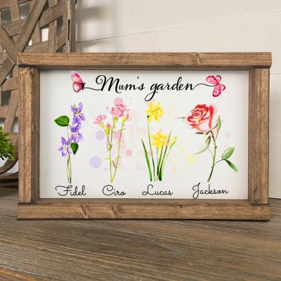 Custom Birth Flower Sign Mum's Garden Wooden Frame Engraved with Names Gift Ideas for Mum Christmas Gifts for Grandma