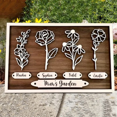 Custom Mum's Birth Month Flower Garden Frame With Grandkids Names Wood Home Decor For Christmas Gifts Unique Gifts for Mum Grandma