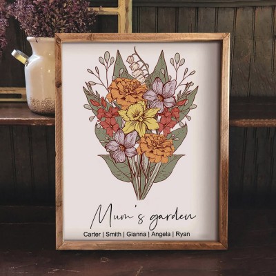 Personalised Family Birth Month Flower Bouquet Frame with Kids Names Gifts for Mum Grandma