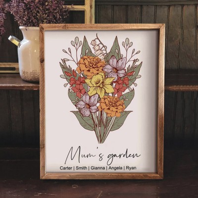 Personalised Family Birth Month Flower Bouquet Frame with Kids Names Christmas Gifts for Mum Grandma