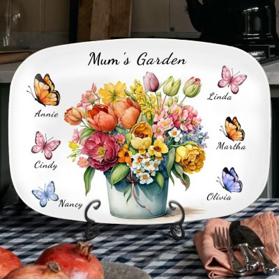 Custom Butterfly Grandma's Garden Plate With Grandkids Names Personalised Family Name Botanical Flowers Platter Christmas Gift Ideas