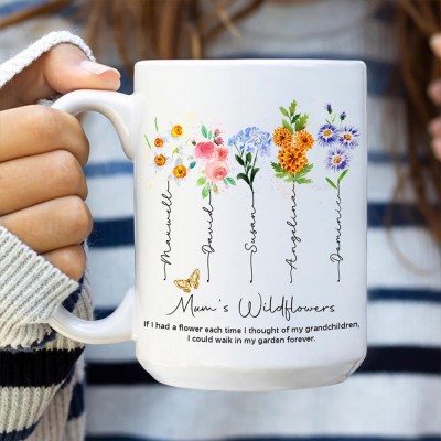 Grandma's Garden Birth Month Flower Mug with Kids Names Unique Gift for Grandma Mum Christmas Gift Ideas Mother's Day Gift