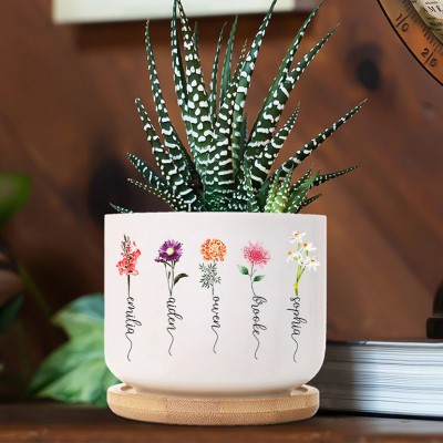 Personalised Birth Month Flower Succulent Plant Pot With Names Gift for Mum Grandma Mother's Day Gift