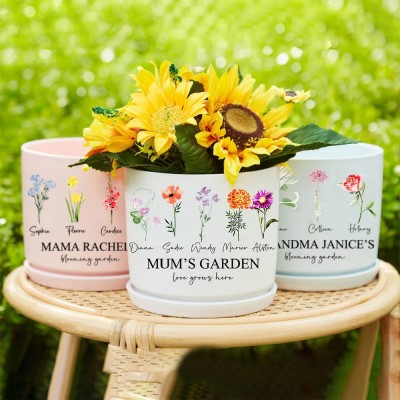 Personalised Grandma's Garden Outdoor Birth Flower Plant Pot with Kids Name Mother's Day Gifts Ideas