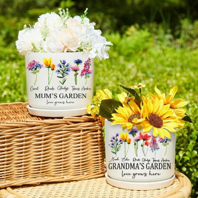 Personalised Grandma's Garden Birth Month Flower Pot with Kids Names Love Gift Ideas For Mum Grandma Her