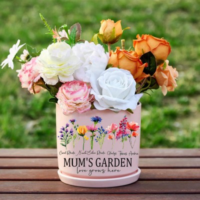 Personalised Mum's Garden Outdoor Birth Flower Plant Pot with Kids Names Gift Ideas for Mum Grandma Family Gifts 