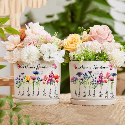 Custom Mum's Garden Birth Month Flower Outdoor Plant Pot with Kids Names Love Gifts for Mum Grandma Birthday Gifts