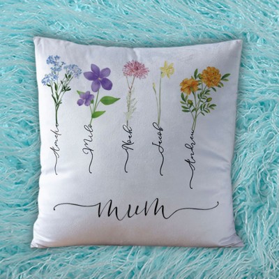 Personalised Birth Month Flower Mum Pillow with Kids Names Mother's Day Gift