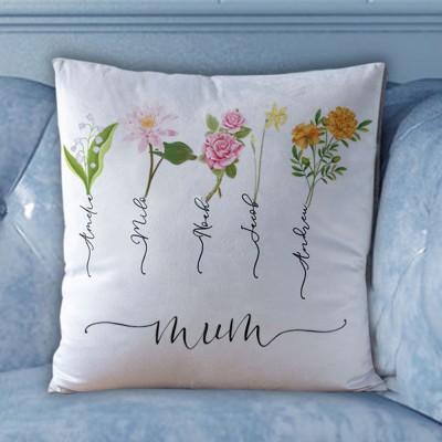 Personalised Birth Month Flower Mum Pillow with Kids Names Mother's Day Gift