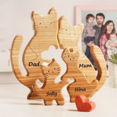 Personalised Warm Cat Wooden Family Puzzle Family Home Decor Gift For Parents Mum Grandma Her