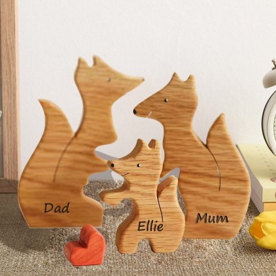Personalised Wooden Fox Family Puzzle Animal Figurines with Names Anniversary Gifts For Mum Her Him Children
