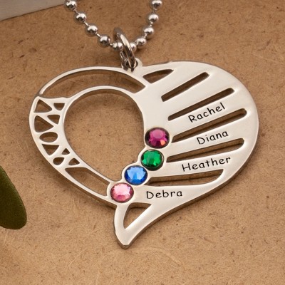 Personalised Heart Shape Name Necklace with 1-6 Birthstones Gift For Mum Her Grandma