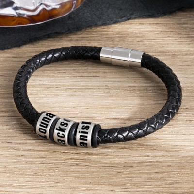 Personalised Black Leather Bracelet With 1-10 Beads