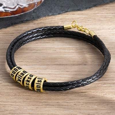 Braided Leather Bracelet with Small Custom Beads In Gold