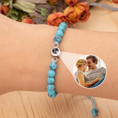 Personalised Blue Beaded Photo Projection Bracelet for Couples Gifts for Valentine's Day Anniversary