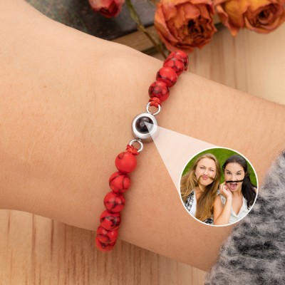 Personalised Red Beaded Photo Projection Bracelet Gifts for Mum Grandma