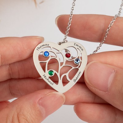 Personalised Heart Shaped Tree of Life Family Necklace With Kids Names And Birthstones Birthday Keepsake Gift For Mum Grandma Mother's Day Gift Mum Pregnancy Gift