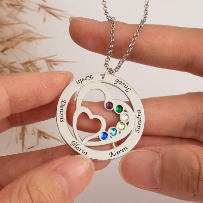 Personalised Double Heart Necklace with 1-7 Birthstones and Name