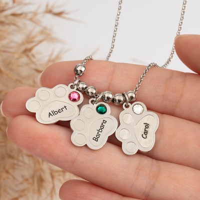 Personalised 1-5 Pet Paw Print Shaped Charms Necklace With Engraved Names And Birthstones Unique Birthday Gift For Pet Owner Family Gift For Mum Grandma Mother's Day Gift Ideas