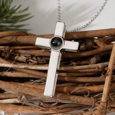 Personalised Mens Cross Memorial Photo Projection Necklace with Picture Inside Gifts For Father Dad Grandpa Boyfriend Him