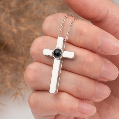 Personalized Couple Cross Photo Projection Necklace With Picture Inside, Anniversary Gift For Couple Unique Christian Gift For Man