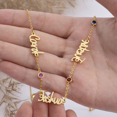 Silver Personalised 1-6 Names and Birthstones Necklace