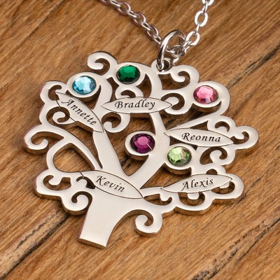 Personalised Birthstones Family Tree Necklace with 1-6 Names Customise Family Jewelry